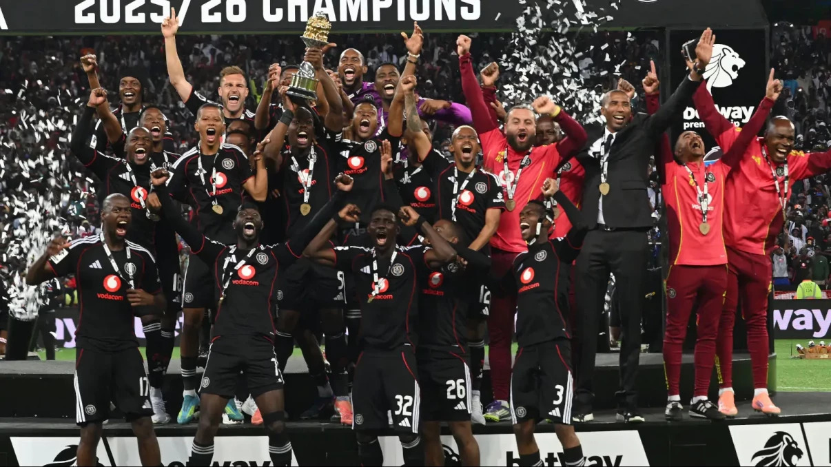 Orlando Pirates players celebrating the 2025/26 Betway Premiership title